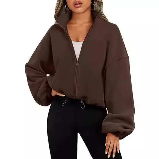 Women's Sporty Coat Fleece-lined Casual Loose Running Crop Tops Zipper Long Sleeve Fitness Sweatshirts Warm Coat Yoga Sweatshirt
