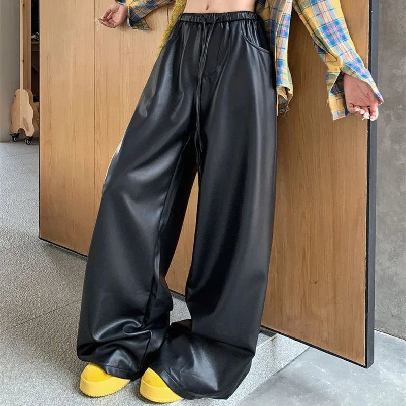 black PU leather casual pants women's autumn and winter high waist slimming straight leg  loose wide leg floor pants
