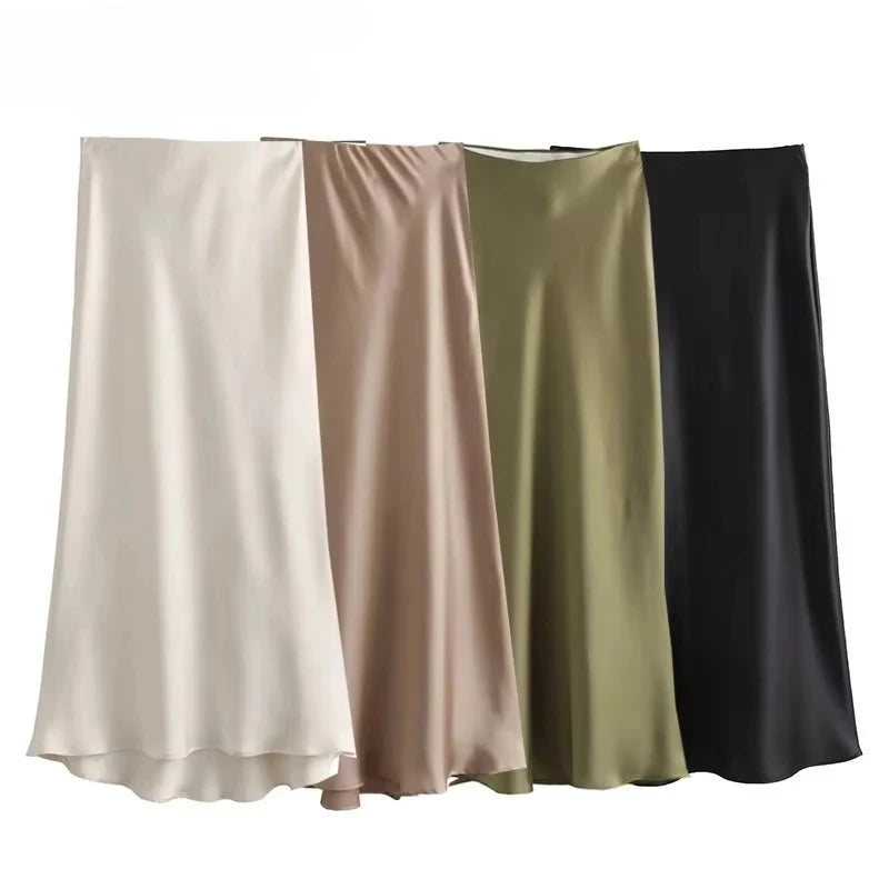 Woman 2025 Satin Skirt Women High Waist Long Skirts For Women Summer Black Midi Skirt Woman Office Elegant Women's Skirts