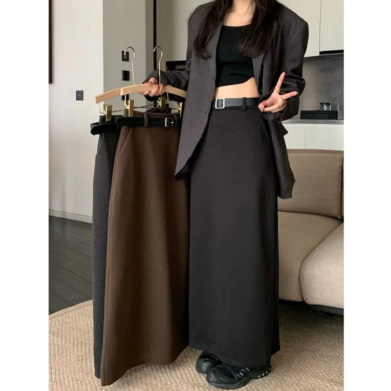 High Quality Woolen Maxi Skirts Female Elegant Chic High Waist Loose A-Line Skirts Women Vintage Streetwear Split Long Skirt