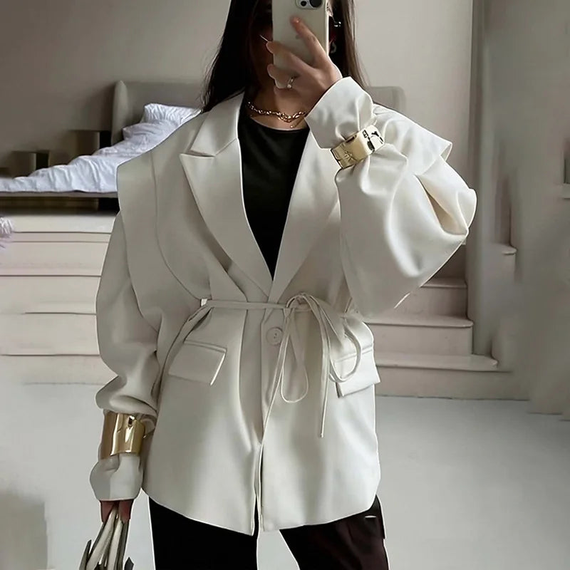 Loose Women Suit Jacket Elegant Waist Lace-Up Shoulder Padded Suit Jacket Women Outerwear Pure Color Casual Style Suit Jacket
