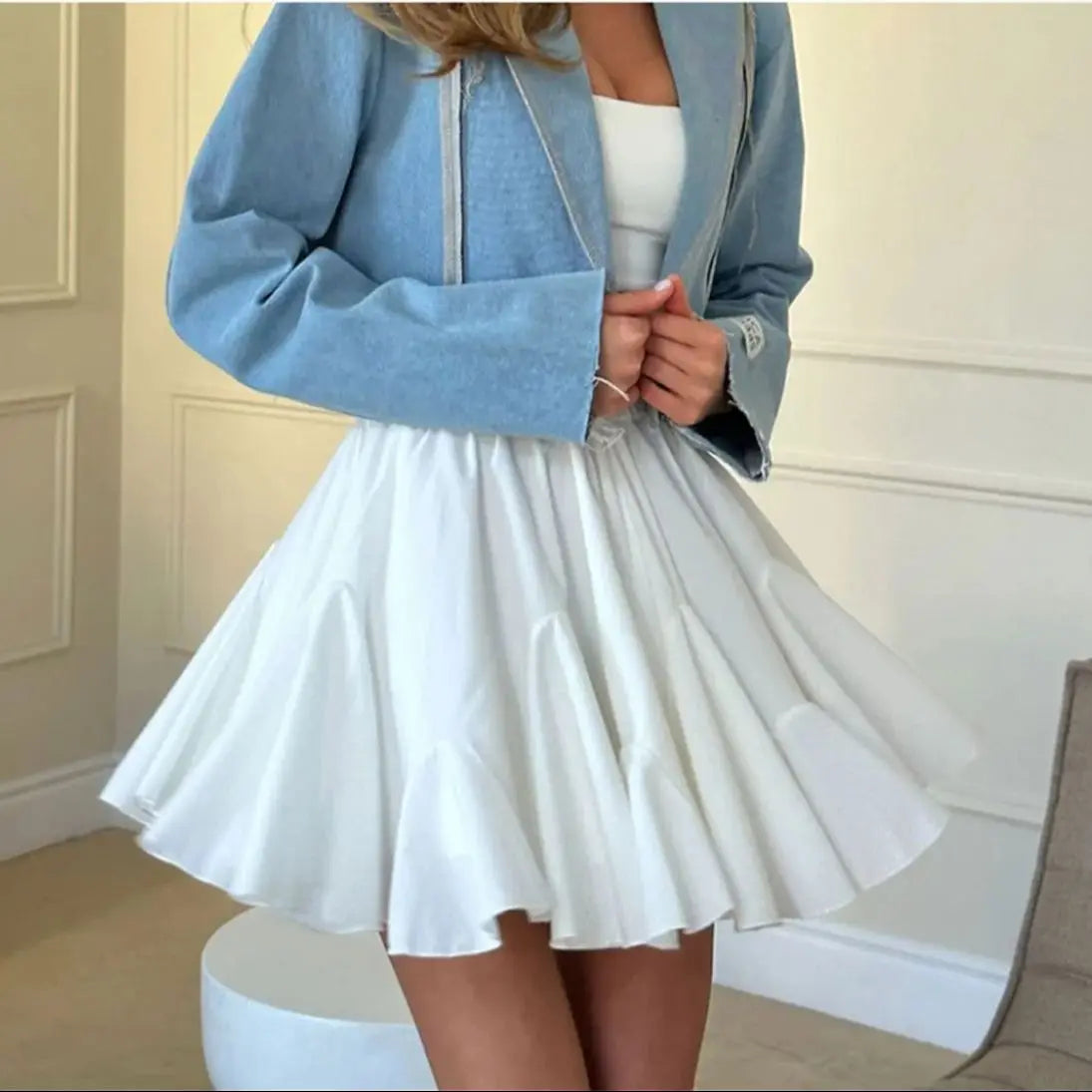Summer Vintage Fashion Skirts For Women High Waist Elegant Solid A Line Ruffle Mini Skirts Lady Casual Street Chic Short Dresses