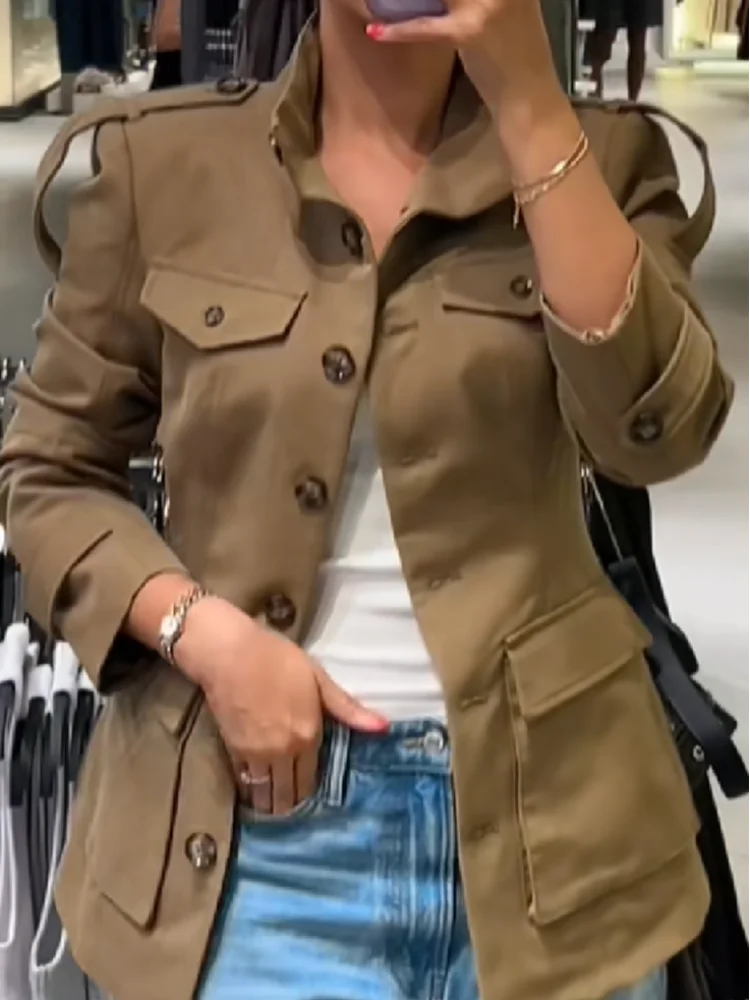 Women's Vintage Slim Fit Jacket Long Sleeve Padded Shoulder Single Breasted Coat Pocket Outwears 2025 New Female Streetwears