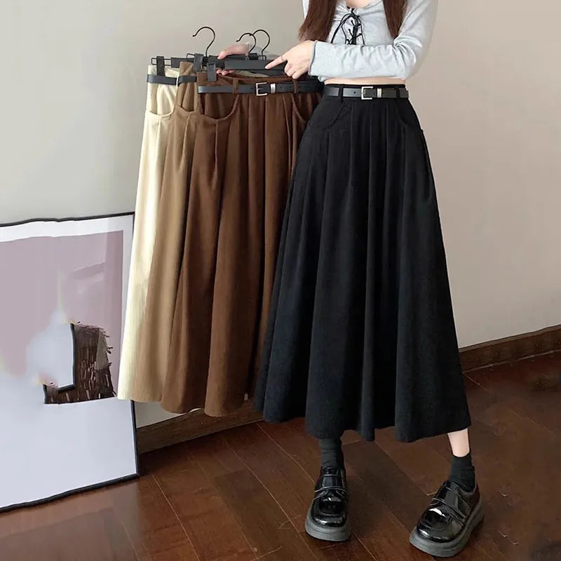 Xpqbb Autumn Winter Women Long Skirt Vintage Corduroy High Waist A-Line Skirts Female Fashion Streetwear with Pocket Midi Skirt