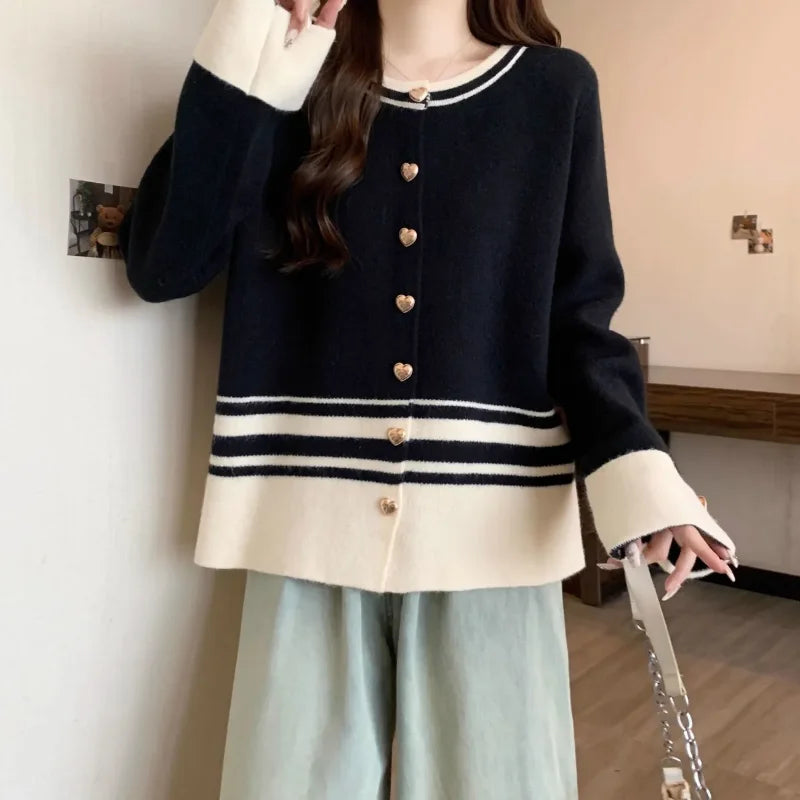 Women's Casual Button Jacket Knitted Contrasting Cardigan Sweater Splicing Top