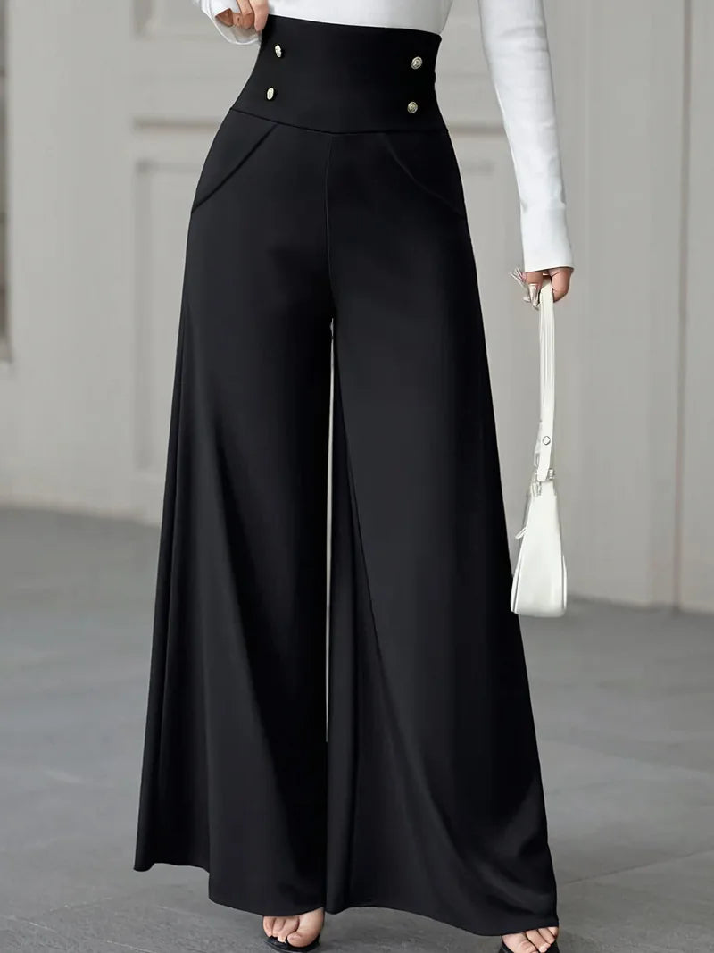Women's High Waisted Wide Leg Pants Solid Color Button-Detail Flowy Trousers for Spring Autumn Office Casual Outfits