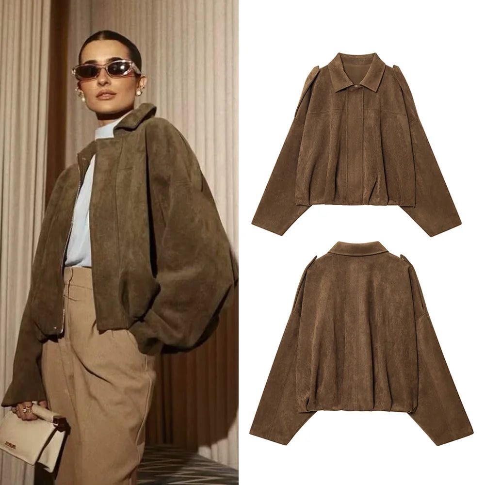 Women Loose Suede Jacket Autumn Woman Vintage Fashion Jacket Long Sleeve Lapel Oversize Coat 2025 Casual Zipper Short Outwear
