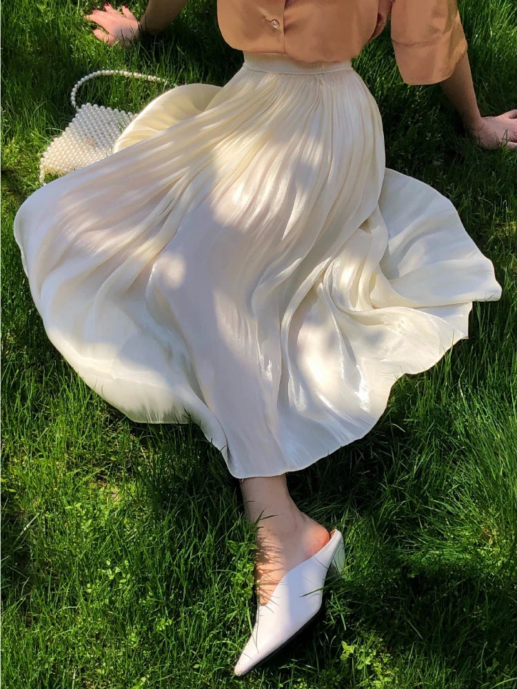 Summer New Women's Mid-length Skirt Luminous Copper Ammonia Silk Women's Pearlescent Streamer Yarn A-line Pleated Bright Skirt