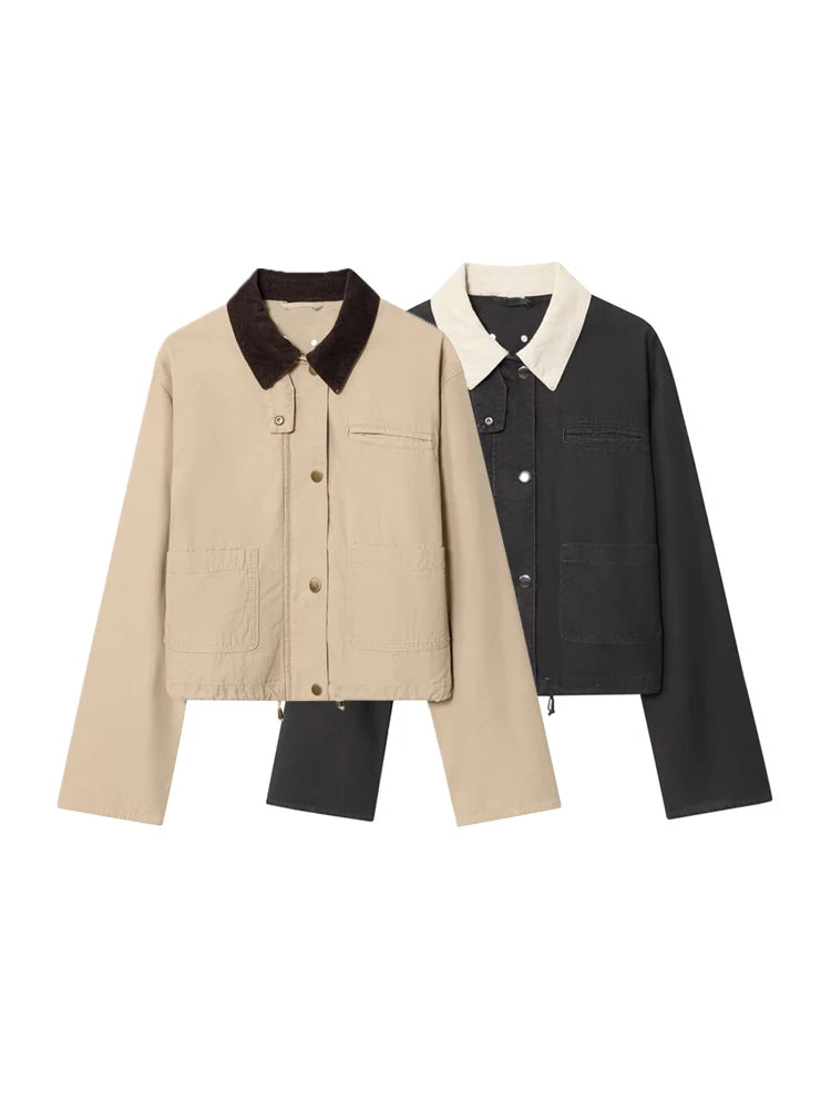 Women's Patchwork Corduroy Jacket Long Sleeve Button-Up Chic Outerwear Fashion Top