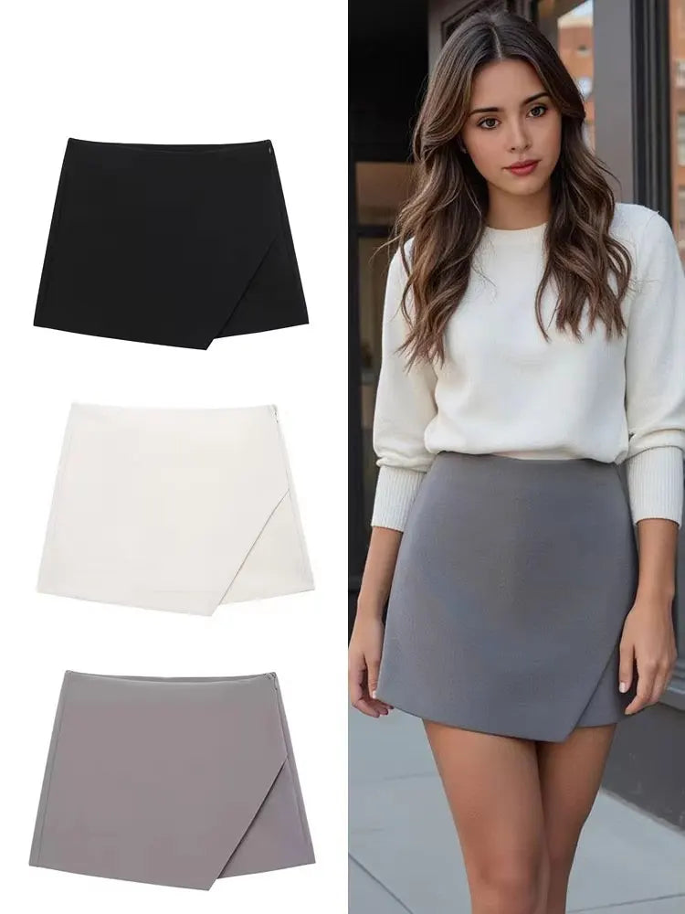 HH Women Elegant Solid Mini Skirt Shorts Side Zipper Asymmetric Hem High Waist Skirts 2025 Summer Lady Slim Shorts Skirts