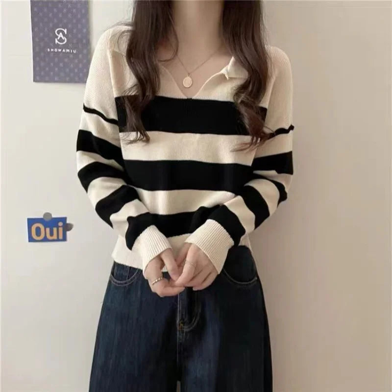 Polo Collar Striped Long-sleeved Sweater for Women Loose Slim Inner Base Top