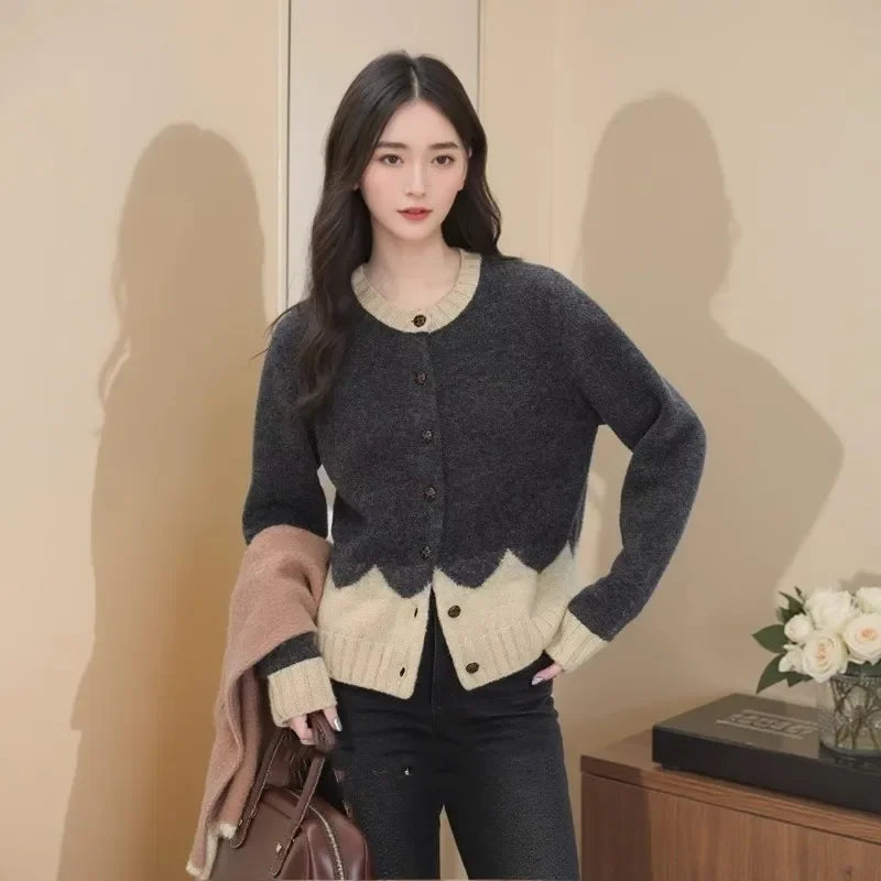 Round Neck Grey Sweater Cardigan Women Loose Contrast Splicing French Top