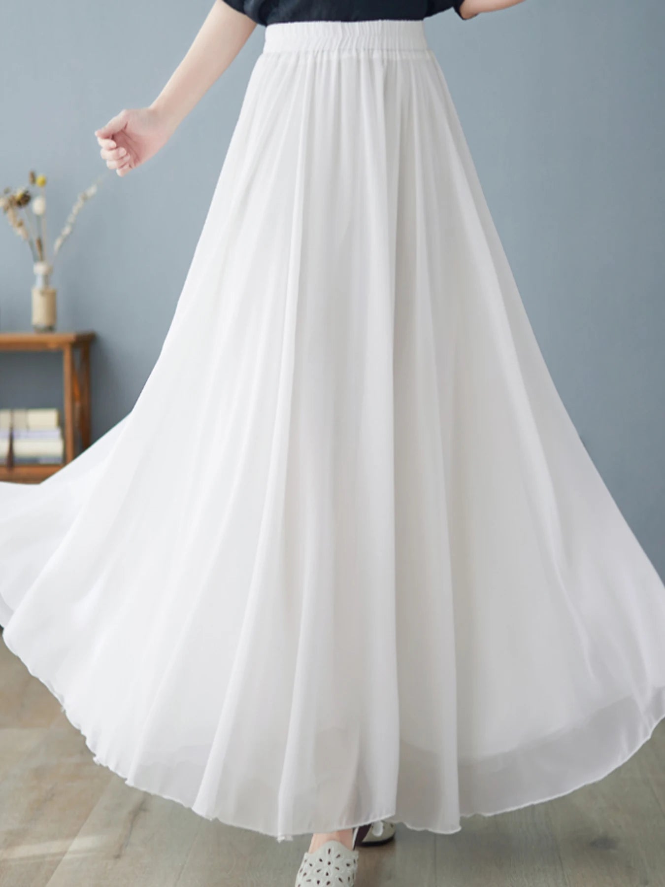 Women's chiffon skirt Stretch high-waisted slimming skirt A-line long skirt dance dress