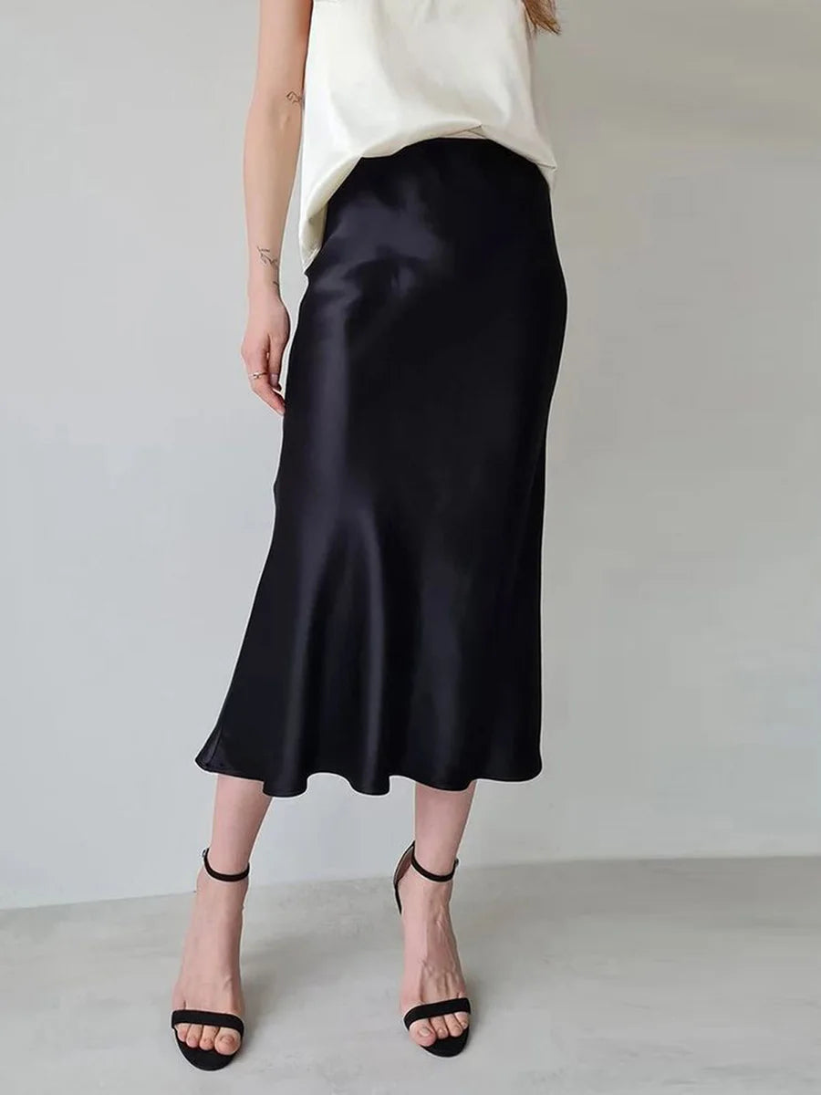 Women Summer Slim High Waist Skirt Fashion Elegant Solid Color Vacation Casual Basic Long Satin Flowy Skirt 2024 New Streetwear