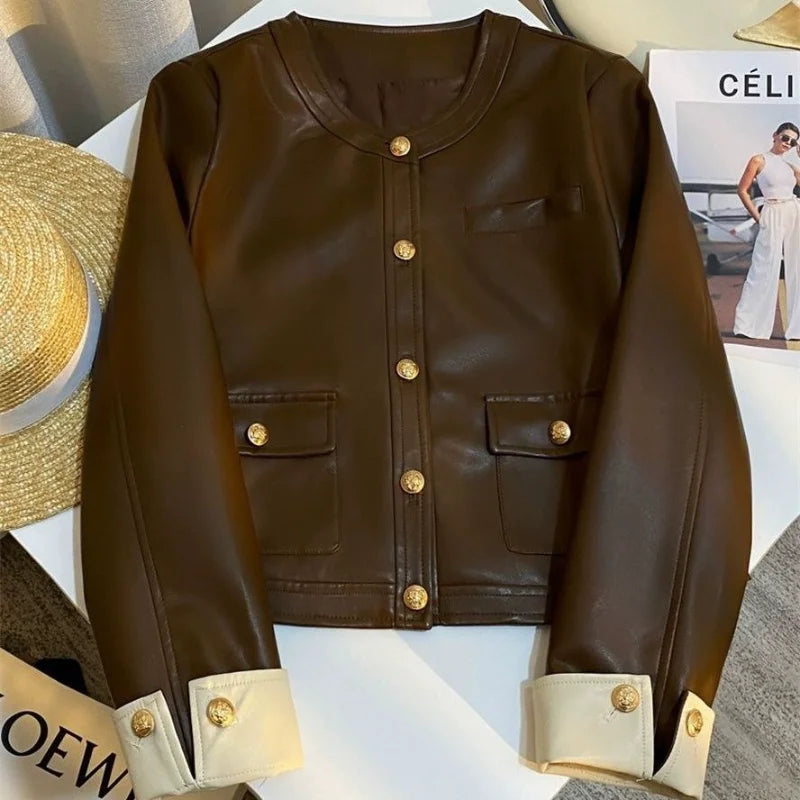 Design-sensual Retro Jacket Leather Jacket Contrasting Colors New Personalized Fashion Top