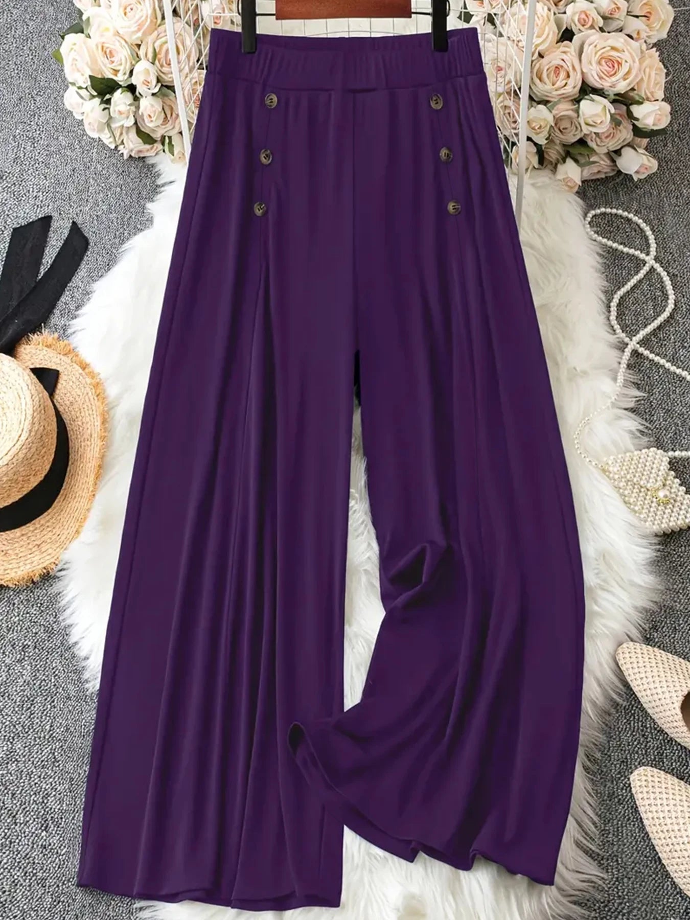 Women's High-Waisted Wide-Leg Pants Solid Color Loose Comfortable Casual Trousers with Decorative Buttons Fashionable