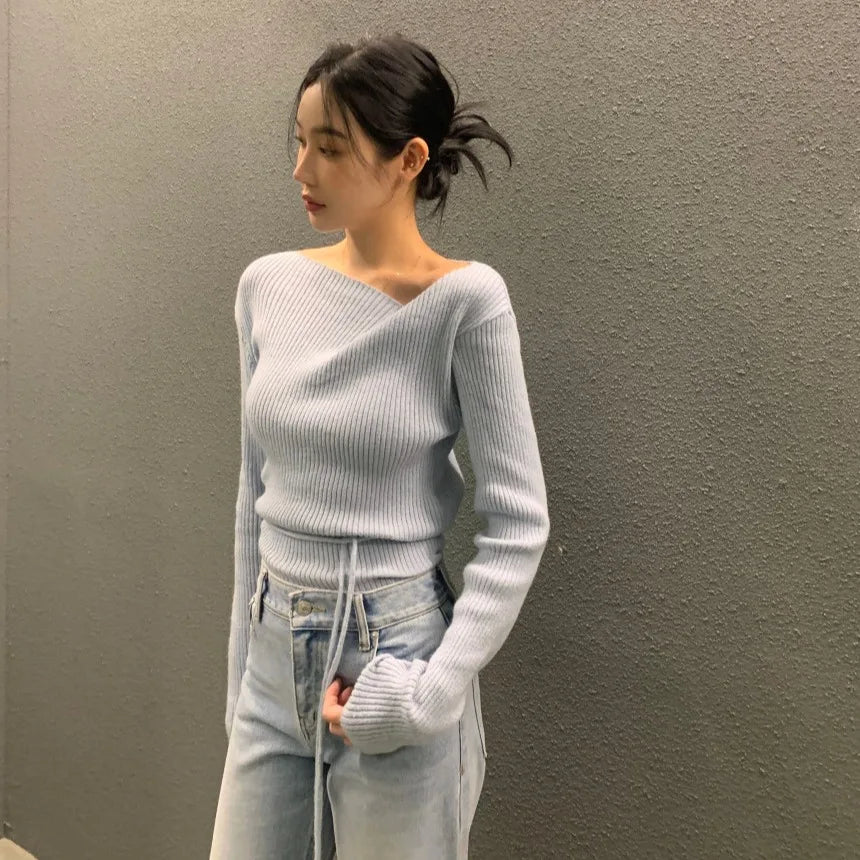 「MD」Slim Fit Long Sve V-Ne Knitted Sweater Women's Design Sense Belted Top Polyester Fiber Inner Wear Single Piece Pure Color