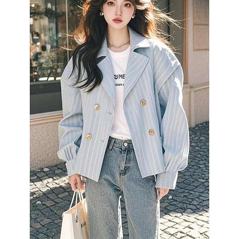 Women Clothing Spring Autumn Fashion Korean Button Striped Polo Collar Coat Female Appear Thin Slim Cardigan Windbreaker Top Tee