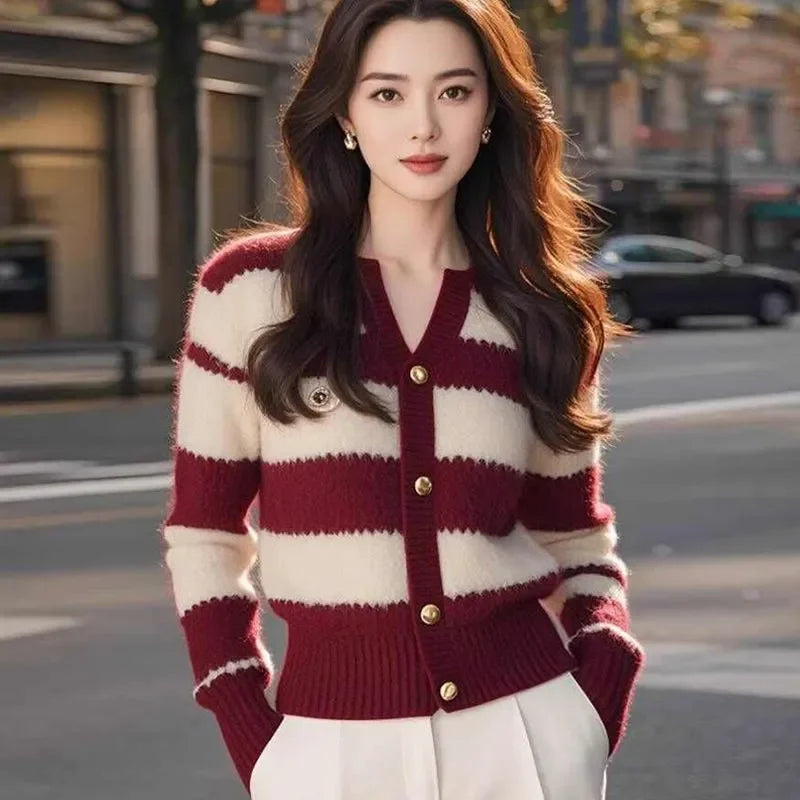Encore Red Striped Knitted Cardigan Women's Round Neck Contrast Jacket Top