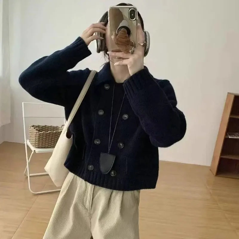 women clothes Spring Winter Fashion Korean Button Solid color Turn-down Collar knitting Female All-match Appear thin sweater top