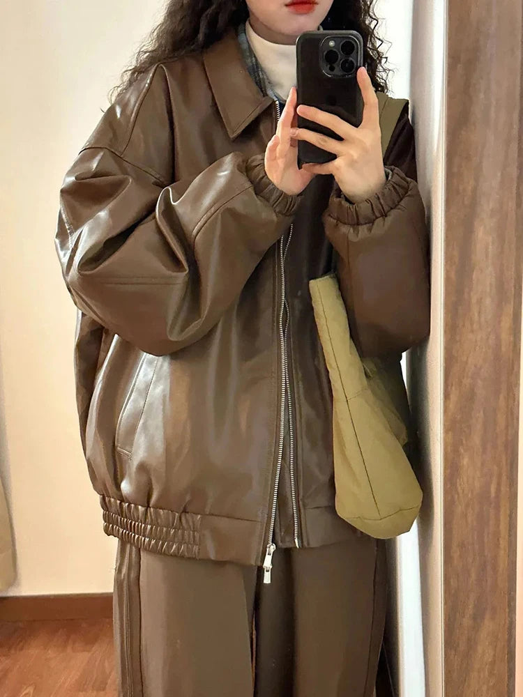 Streetwear Vintage Women Jacket Pu Leather High Street Hottie Solid Long Sleeve Jackets Japanese Loose Casual Zipper Female Coat