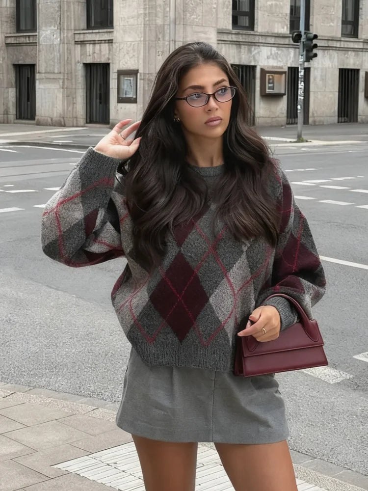 Argyle Jacquard Crew Neck Knit Sweater Soft Long Sleeve Loose 2025 Autumn Causal Women Jumper Preppy Vintage Classic Lady Top