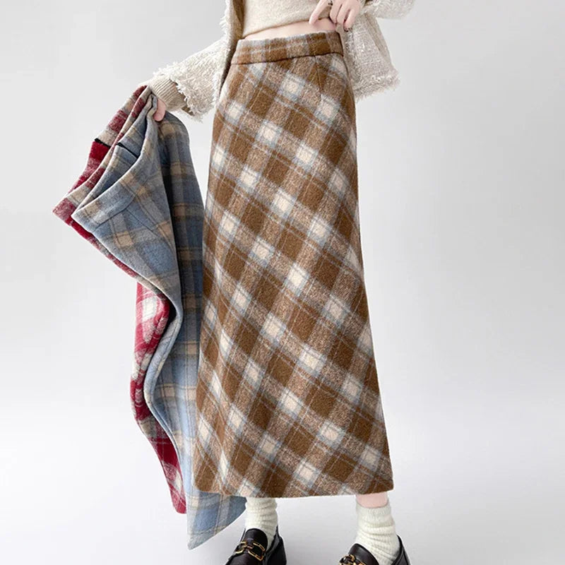 2025 Autumn Vintage Woolen Plaid Skirts