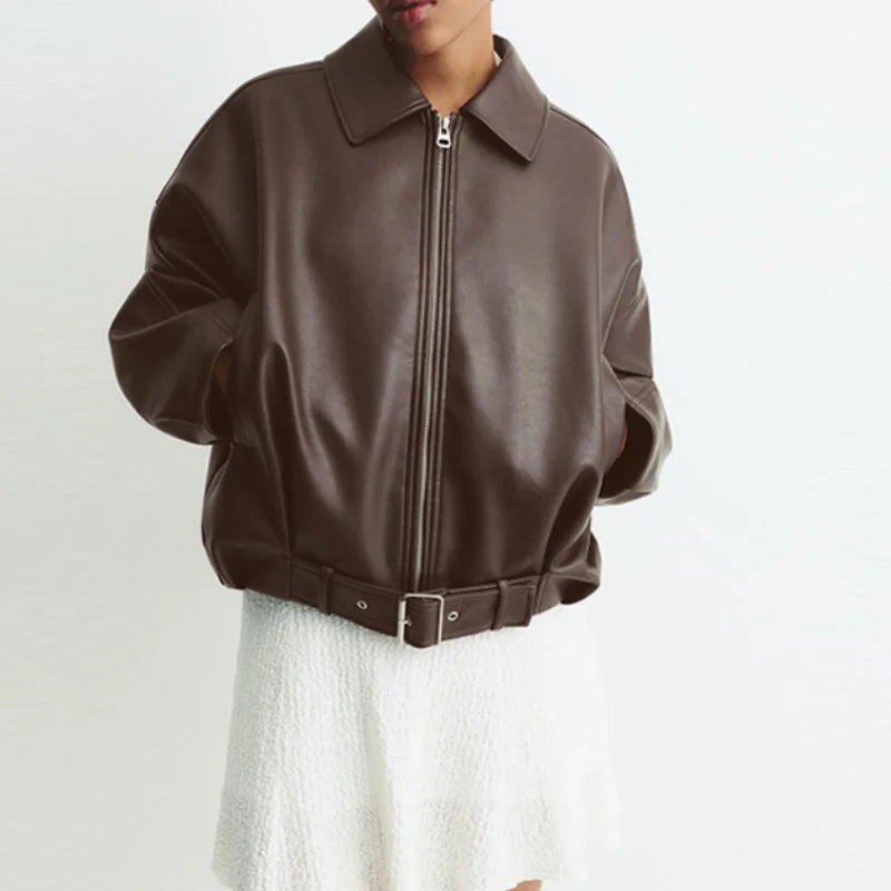 ﻿ Women's Fashion Lapel PU Leather Jacket Loose Full Sleeve Zipper Waist Belt Lace Up Coats 2025 Autumn Lady Casual Streetwear