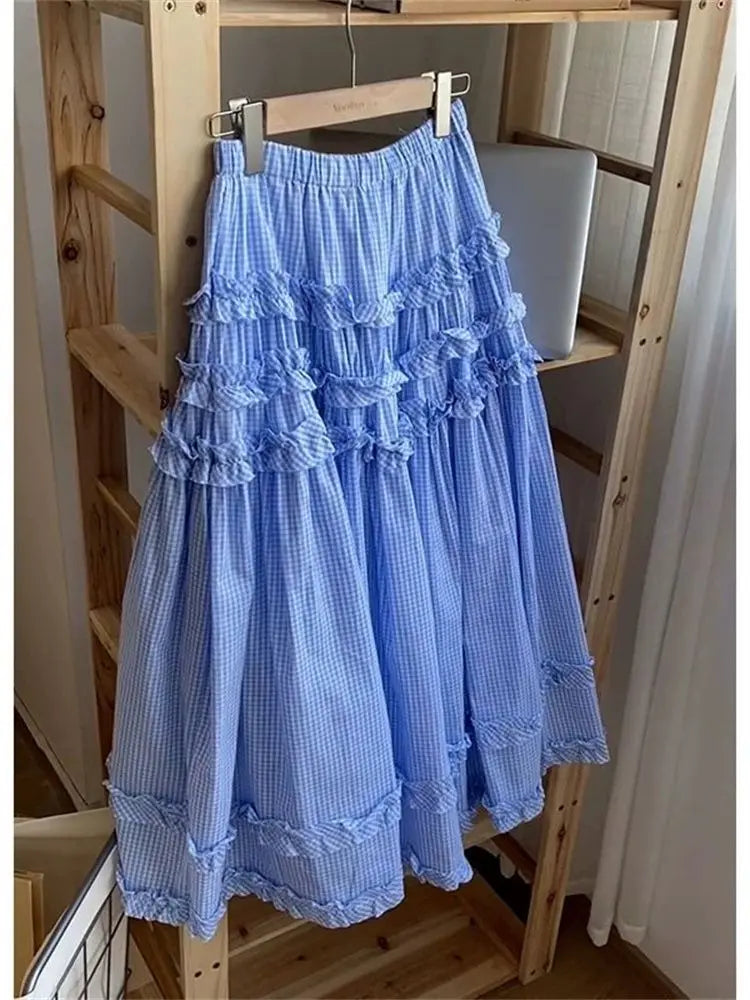 Plaid Printed Ruffle Skirt Women High Waist Blue Mid Skirts 2025 Spring Autumn Women New Fashion Skirts Oversized