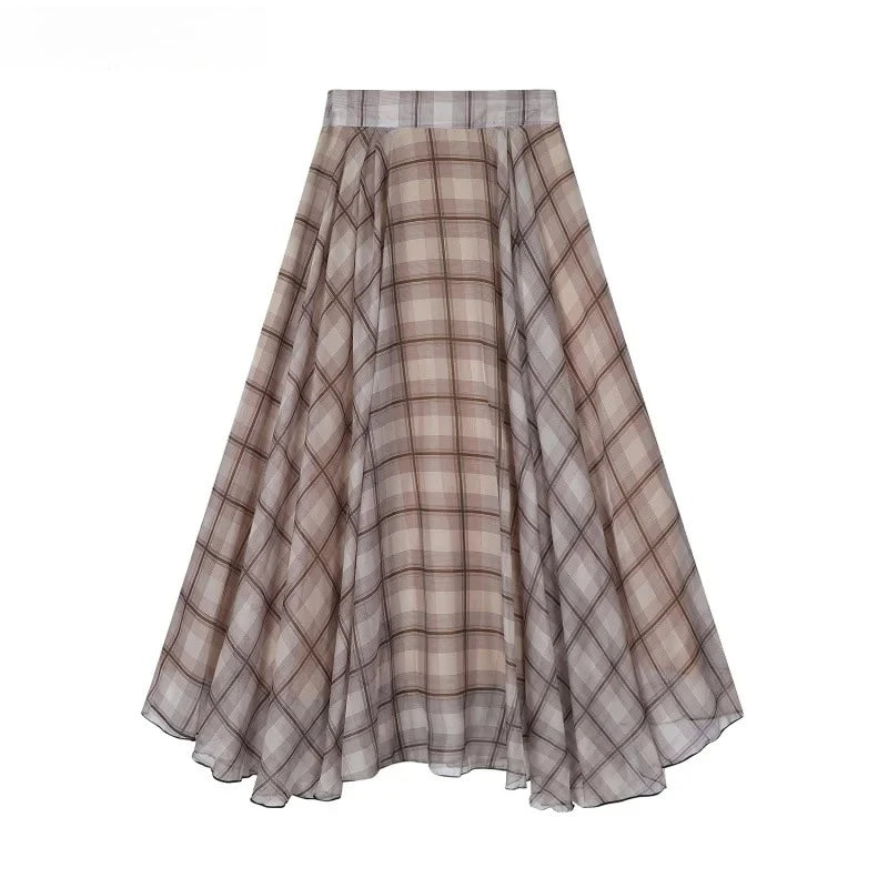 Trendy Plaid Midi Skirt Women Elegant Loose High Waist A-Line Tulle Mesh Skirt Summer Casual 2025 New Korean Chic Flowy Bottoms