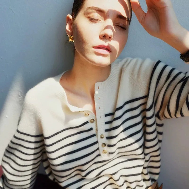 French crew-neck sweater Women's half-open neck breasted horizontal striped long sleeve pullover cashmere sweater loose knit top