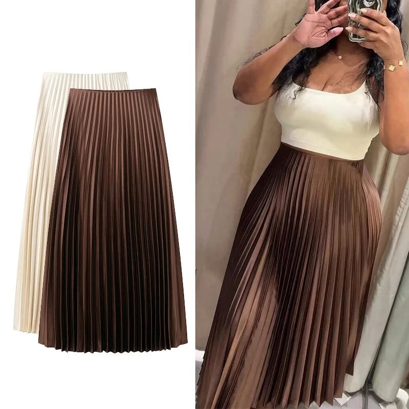 Women's Pleated Skirt Summer Brown Ruffle Skirt Cylinder Pleats Mid Waist Midi Fashion Elegant Women Long Skirt 2025