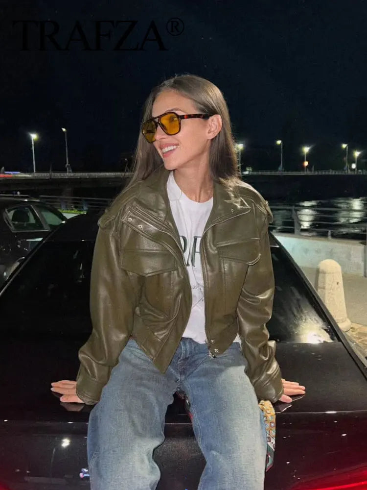 HH Women's Autumn Street Fashion Leather Jacket Long Sleeves High Neck Pockets Zipper Fly Female Vintage Cropped Coats