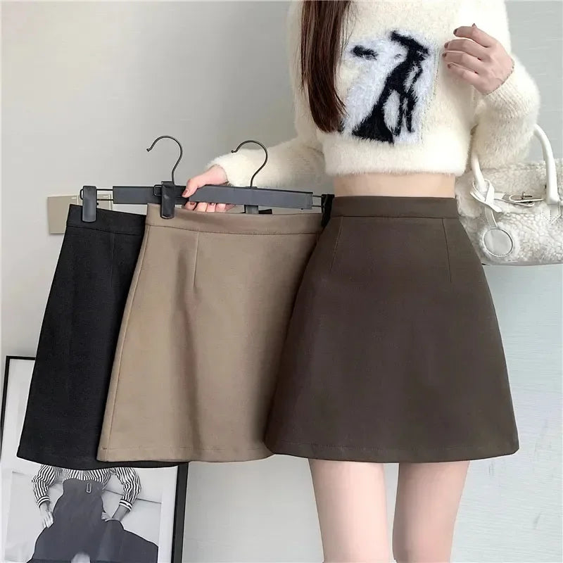 Autumn Winter Womens Woolen Skirt 2024 New Korean Style High Waist Bodycon Mini Skirts Ladies College Style Zipper A-Line Skirt