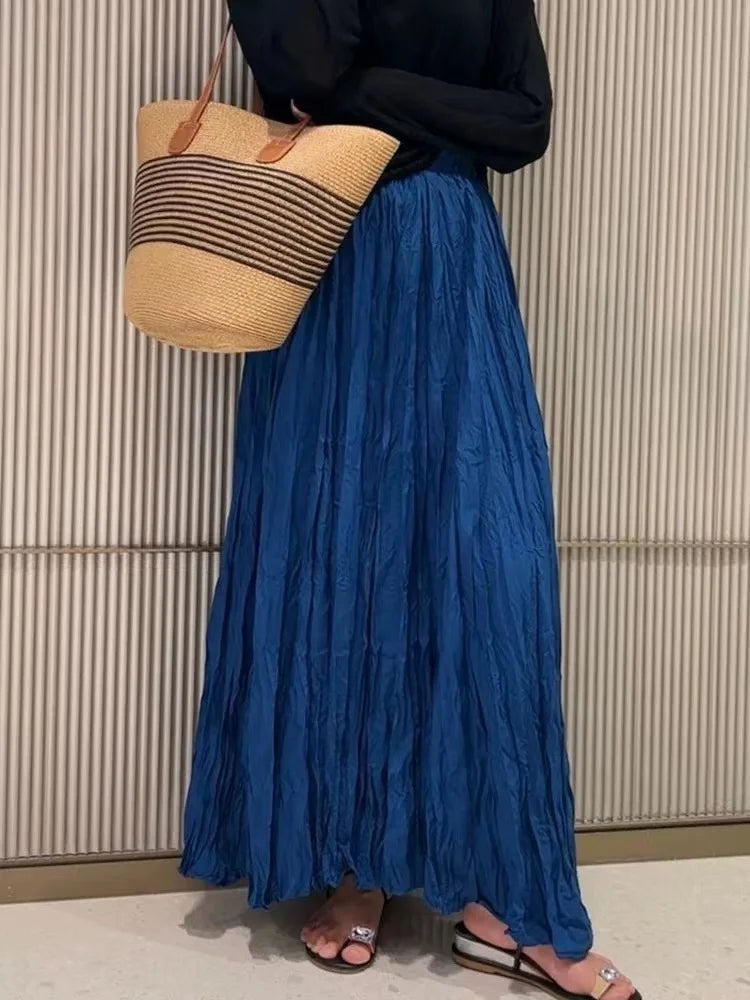 Women Spring Summer Solid Color High Waist Pleated Long Skirt 2025 Female Simple Trendy Wrinkles Casual A-line Faldas