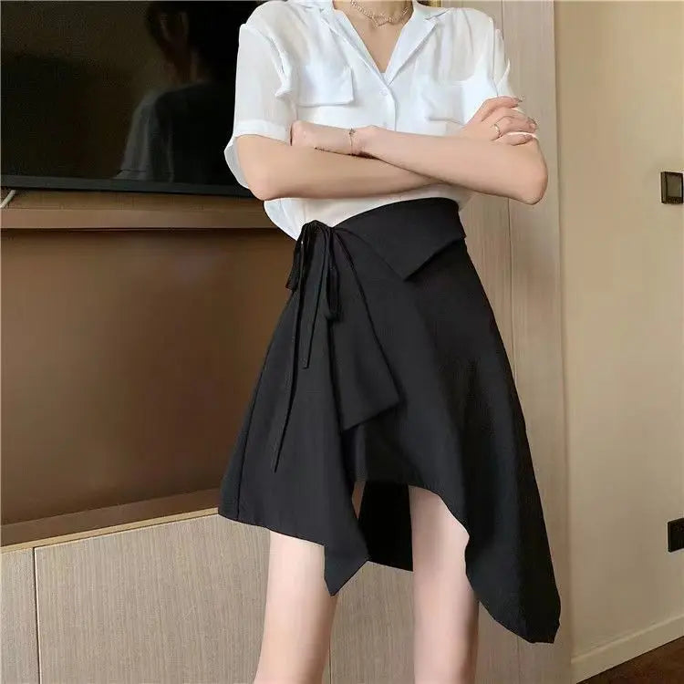 New Fashionable Hong Kong Style Skirt for Women with Irregular Temperament A-line Skirt Tied High-waisted Short Skirt