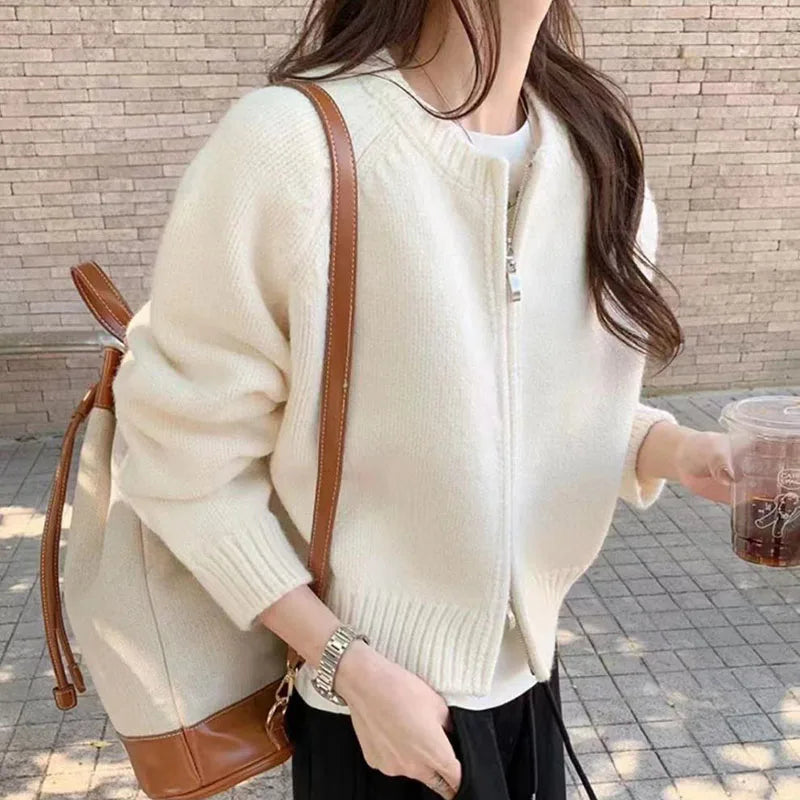 Autumn Winter 2025 Casual Short Knitting Cardigan Women Solid Color Long Sleeve Round Neck Sweater Jacket Zipper Sweater Coats