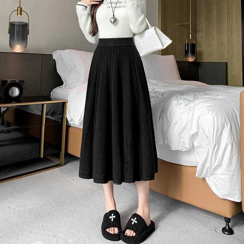 Women's Slim Mid-length Large Umbrella with Autumn and Winter High-waisted A-line Wool Knitted Pleated Skirt