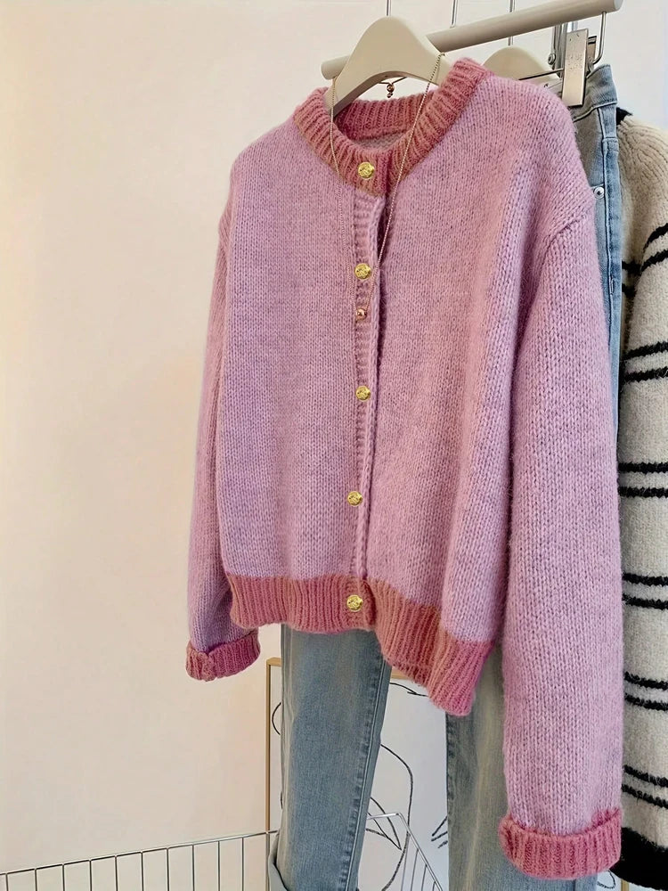 Women's Autumn/Winter Casual Colour-Block Patchwork Cardigan Round Neck Single-Breasted Button-Front Versatile Knitwear